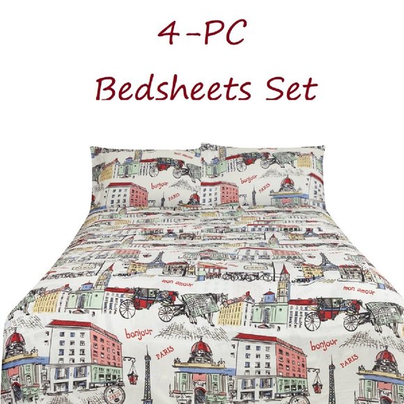 Paris Bed Sheets Set 4-pc Multicolor Paris Scenes Full Queen King - Picture 1 of 1